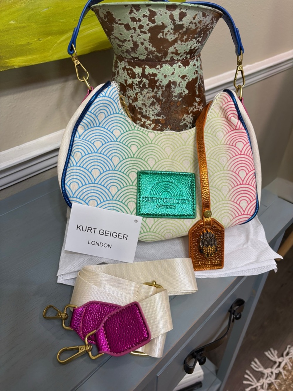 Fashion Inspired Colorblock Logo Shoulder Bag - Blue, Green, Gold, Pink